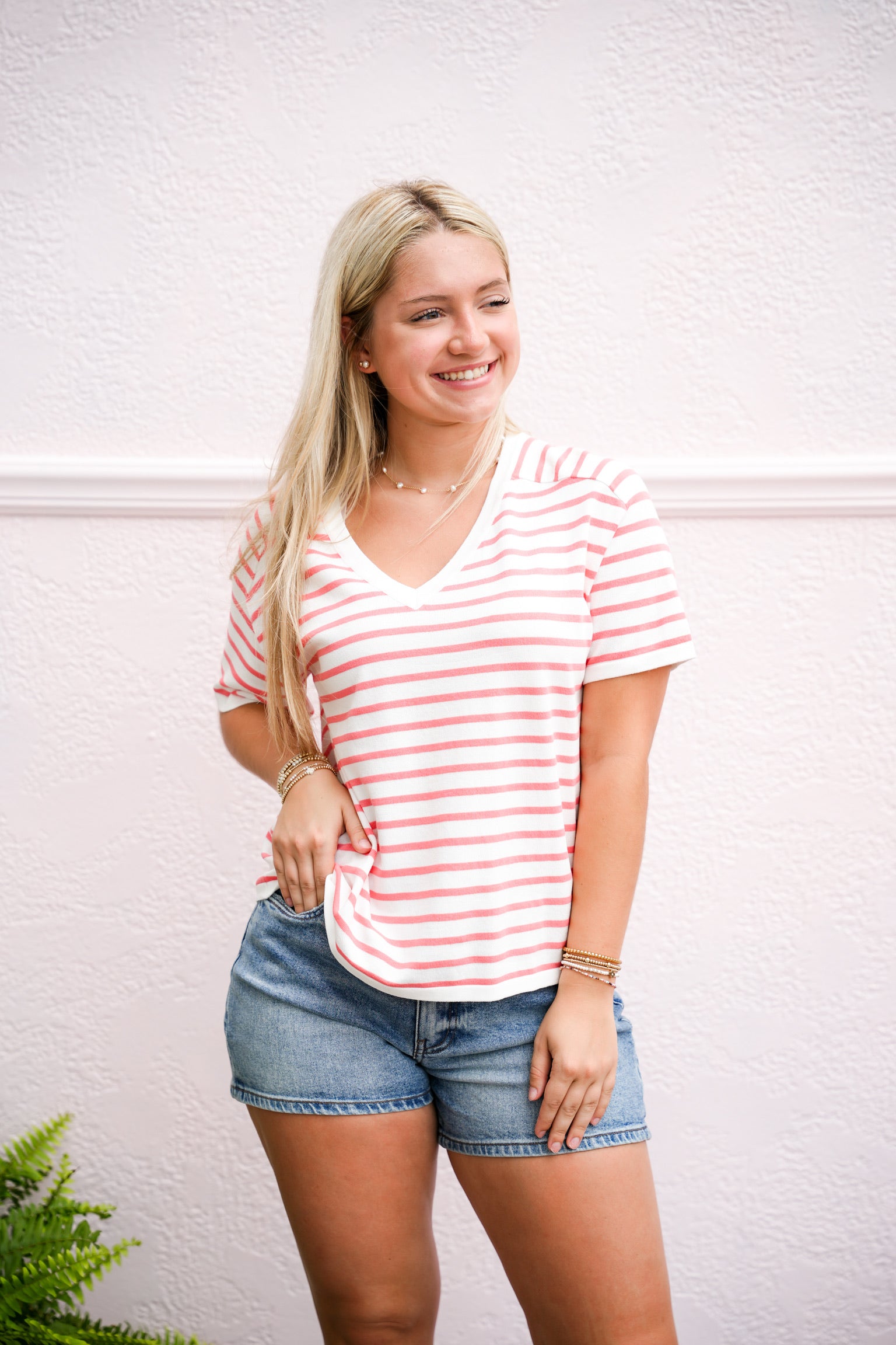 Ivory Coral Striped VNeck Sweater - Southern Belle Boutique