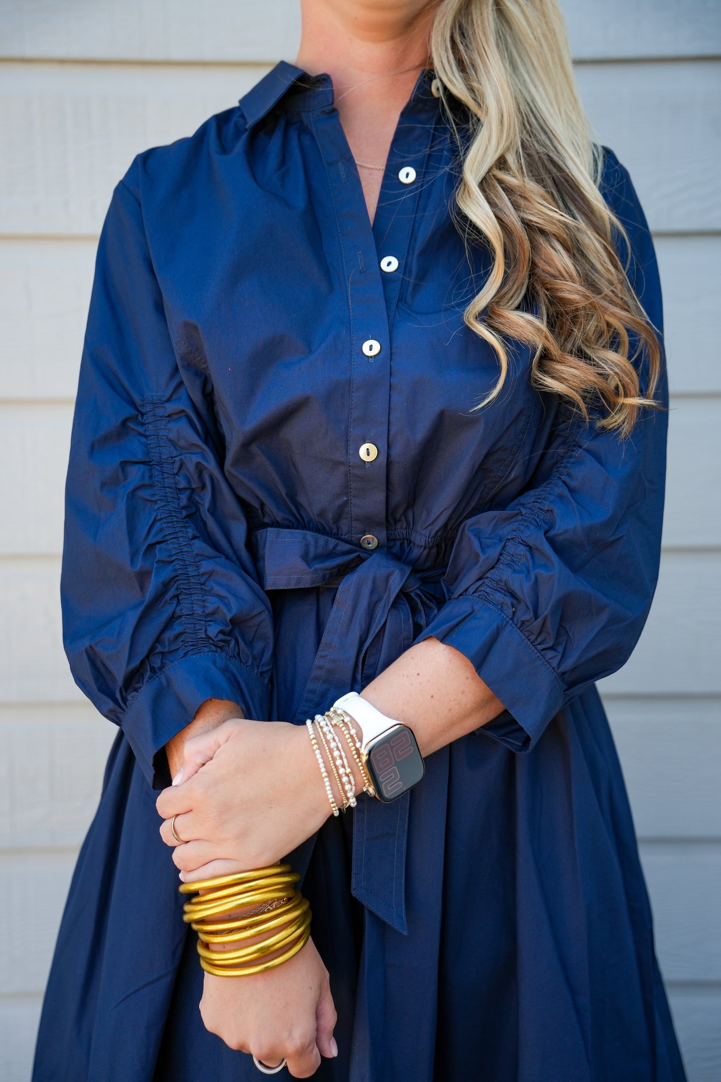 Eyelet Detailed Button Down Midi Dress - Blue Black
