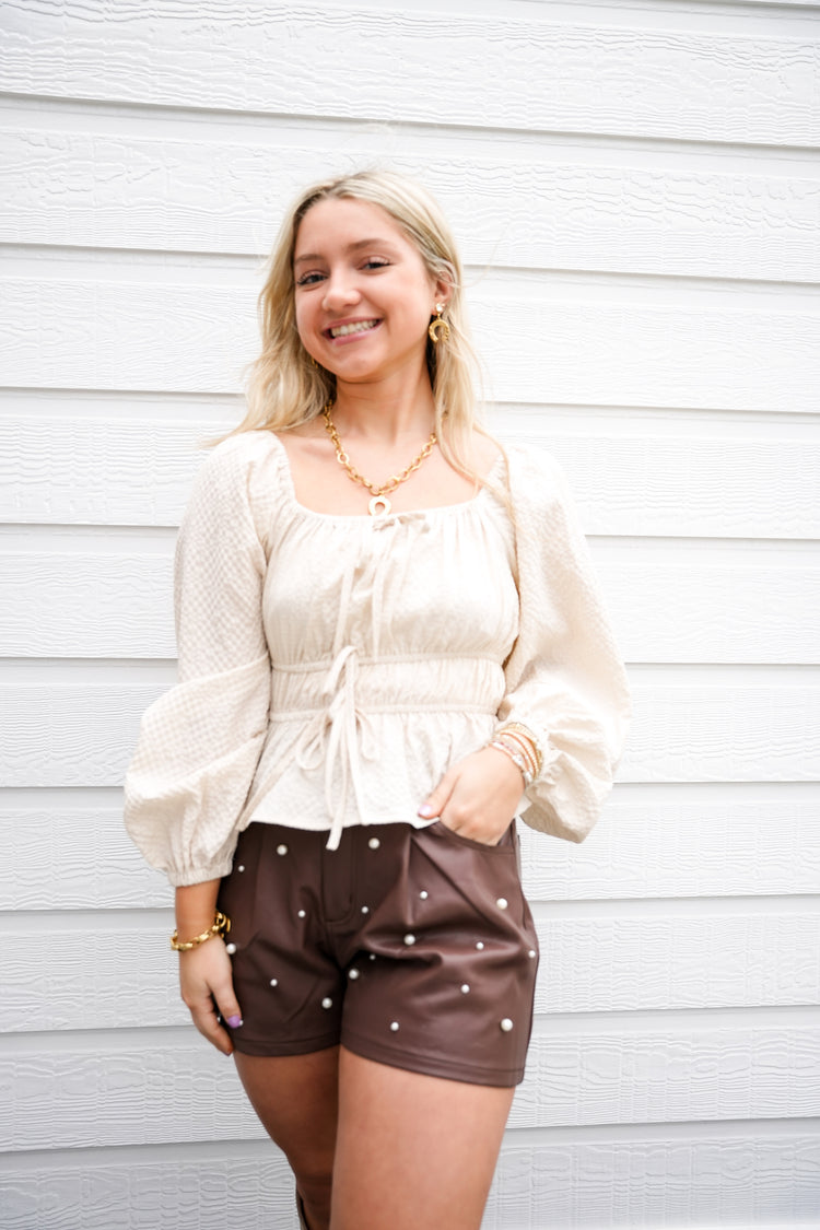 Antique White Ruched Bow Babydoll Top