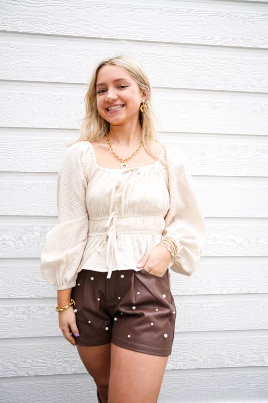 Choco Leather Shorts w/Pearls - Southern Belle Boutique