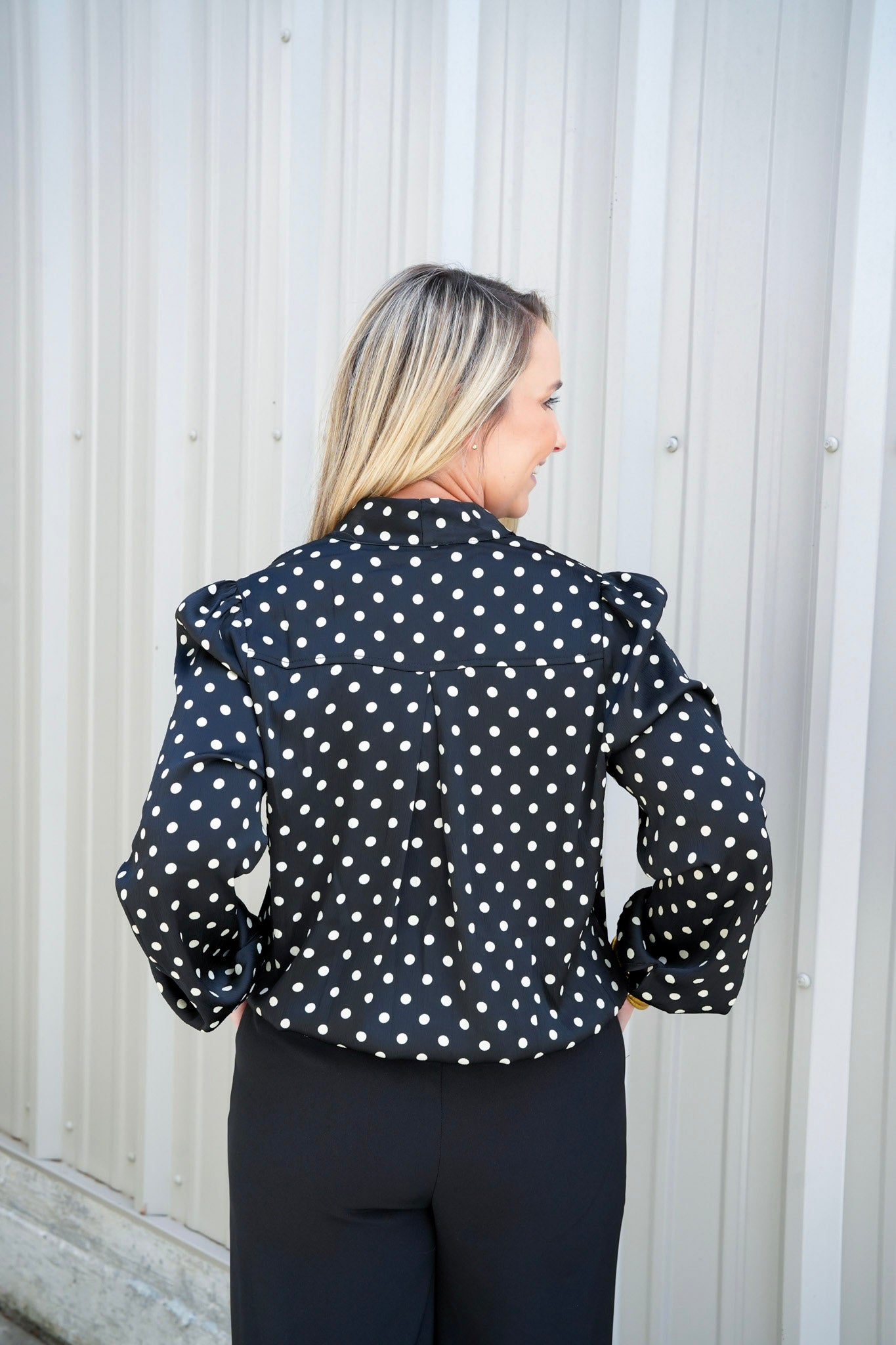 Black Polka Dot Satin Blouse - Southern Belle Boutique