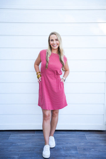 Striped Crew Neck Mini Dress - Crimson Red