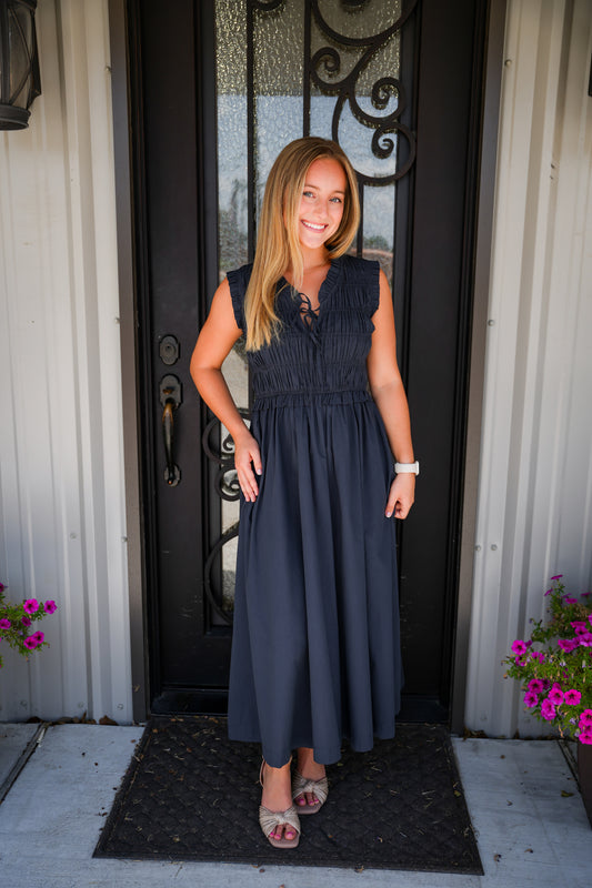 Front Tie Smocking Midi Dress - Ink - Southern Belle Boutique