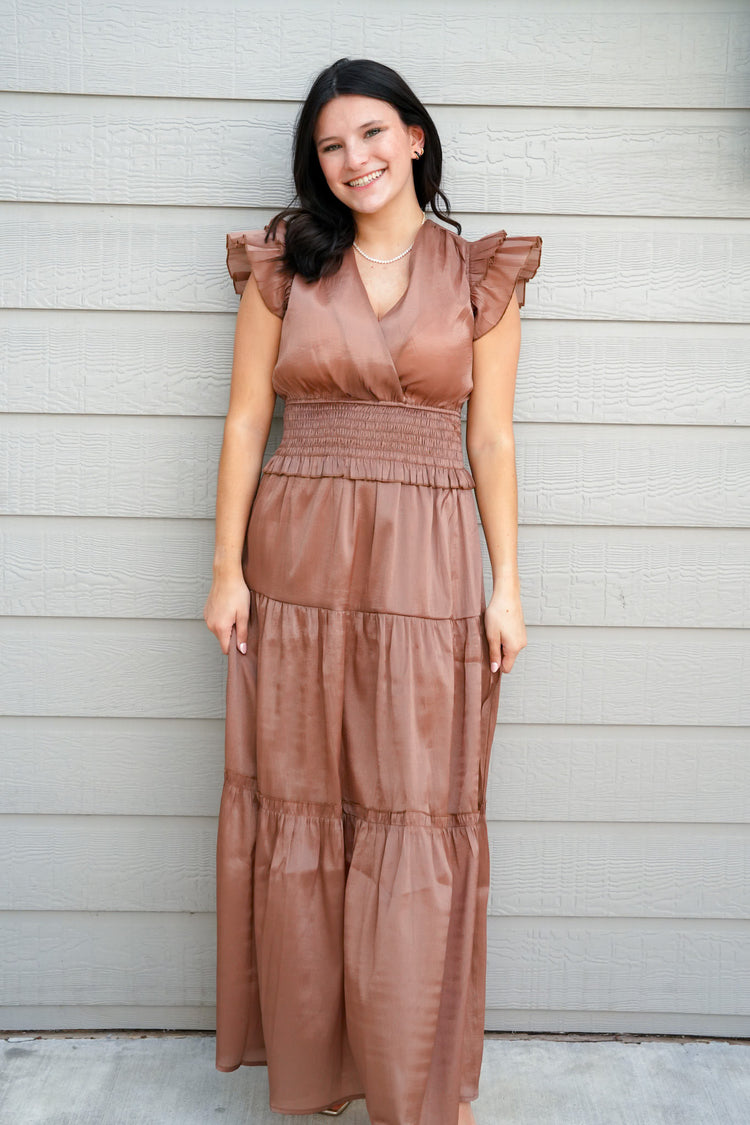 Mocha Satin Tiered Maxi Dress