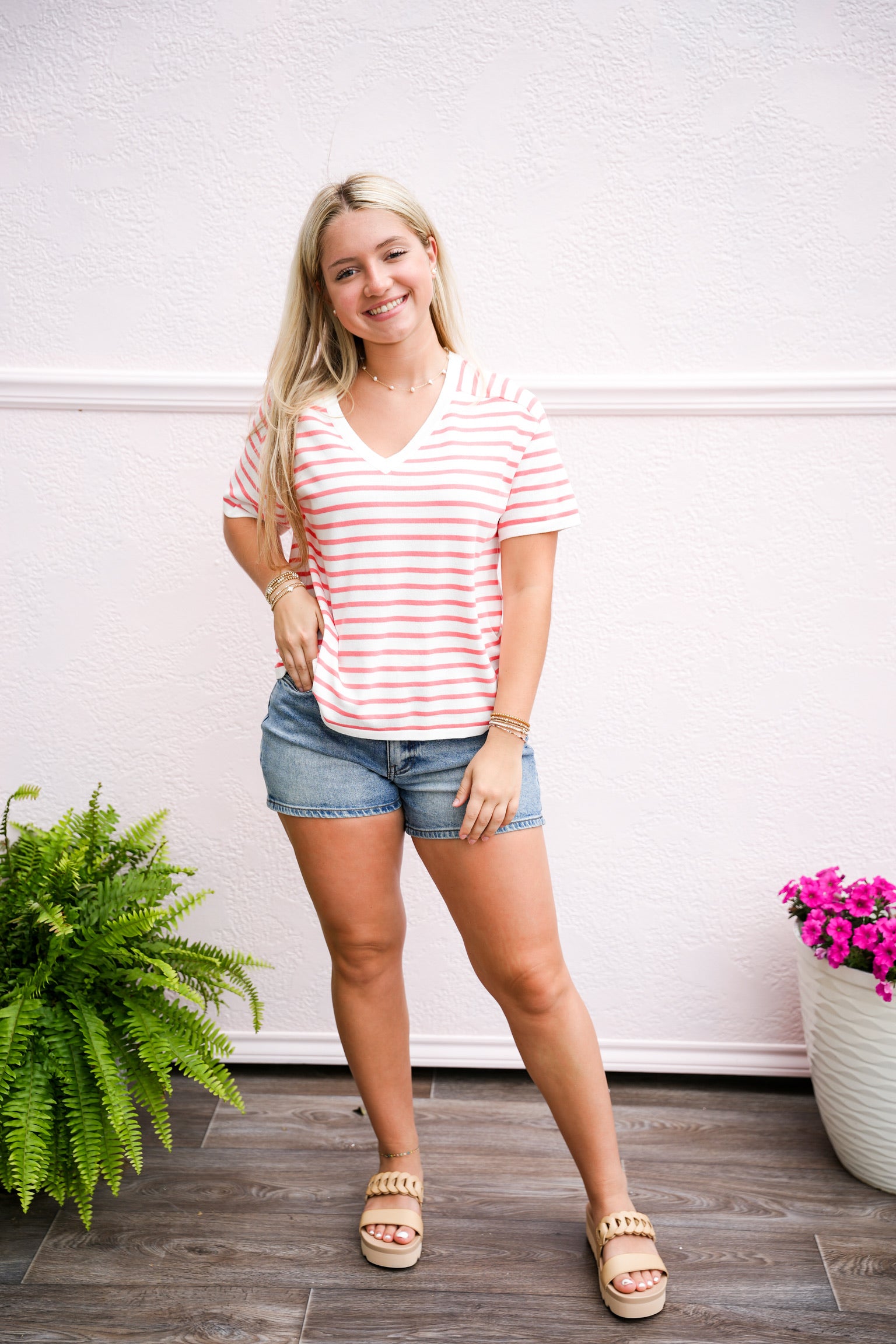 Ivory Coral Striped VNeck Sweater - Southern Belle Boutique