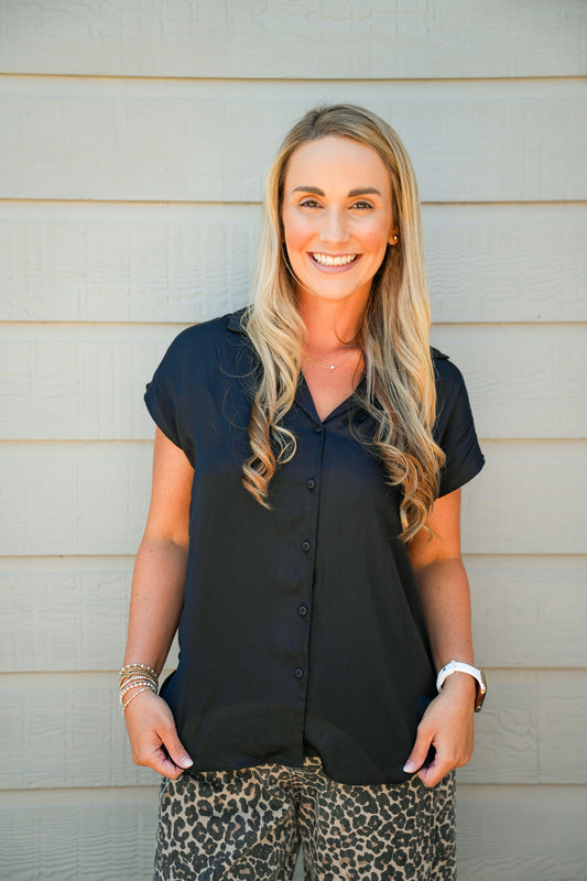Button Down Cap Sleeve Shirt - Black - Southern Belle Boutique