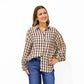 Brown Gingham Plaid Ruffle Cuff Shirt