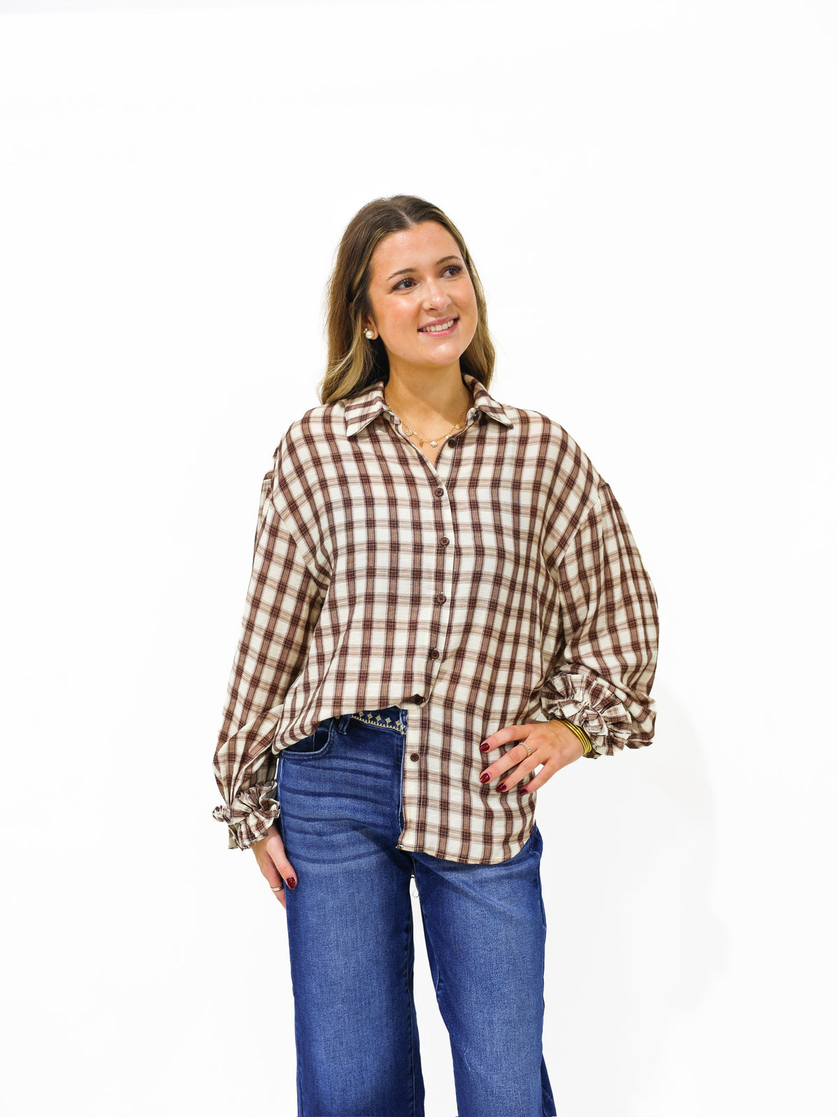 Brown Gingham Plaid Ruffle Cuff Shirt