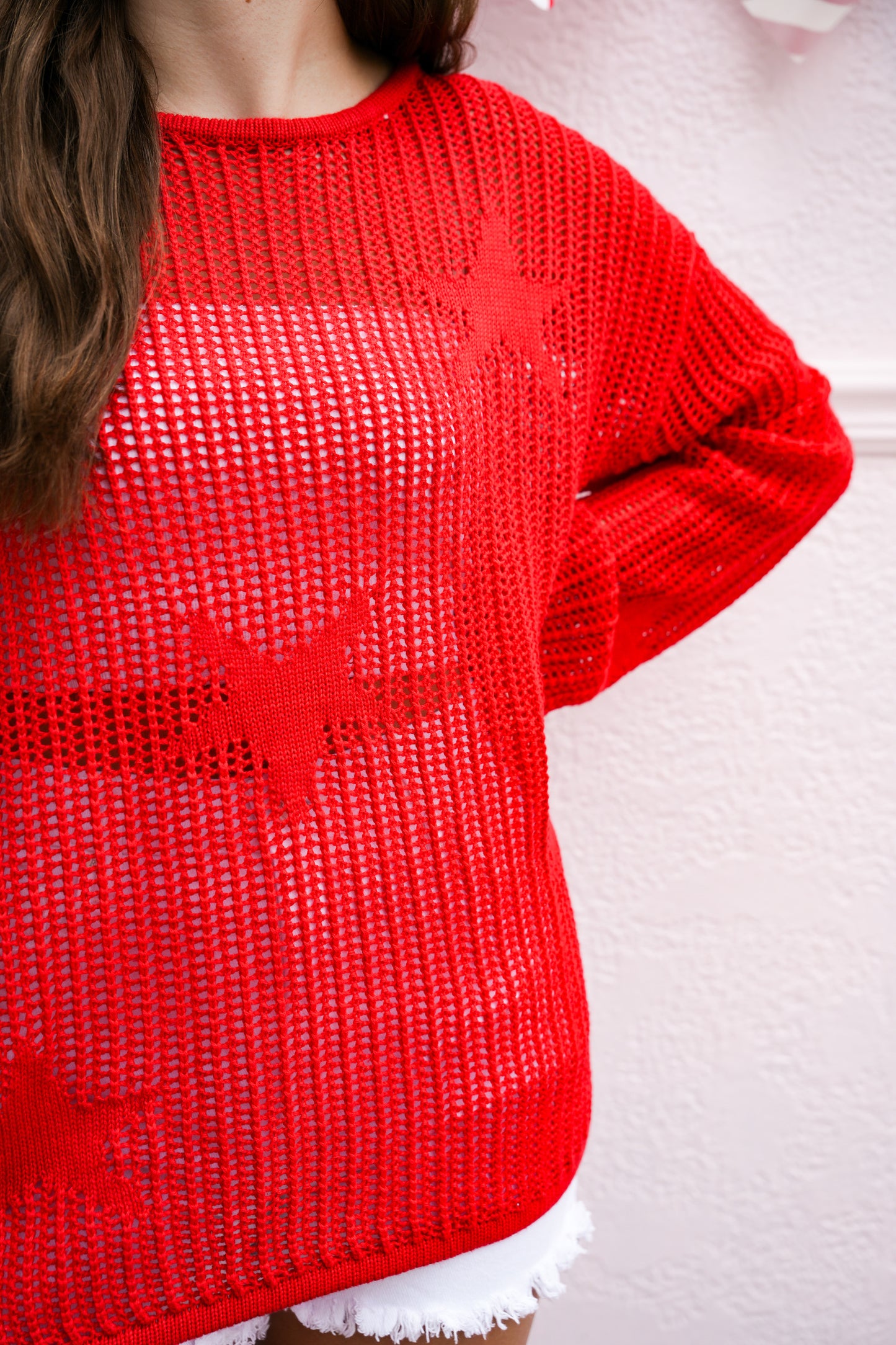 Red Star Pattern Crochet Sweater - Southern Belle Boutique