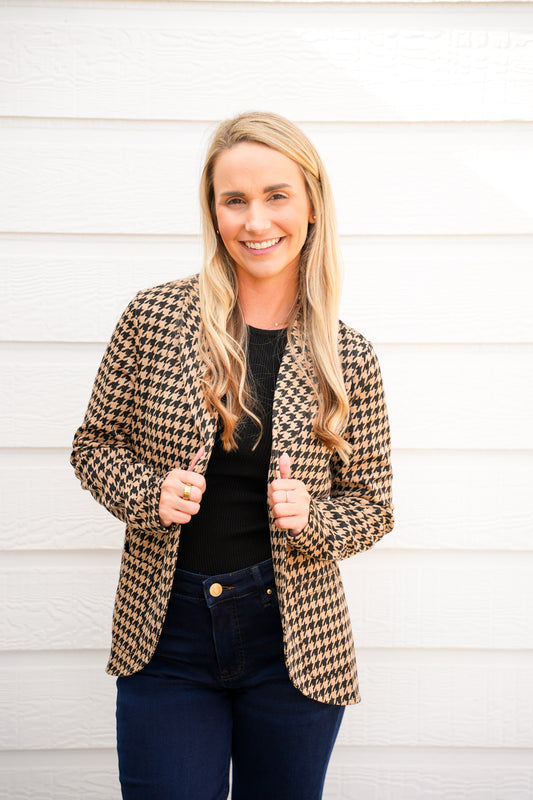 Mocha Black Houndstooth Jacquard Blazer