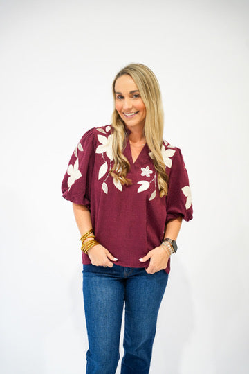 Burgundy Suede Embroidered Blouse