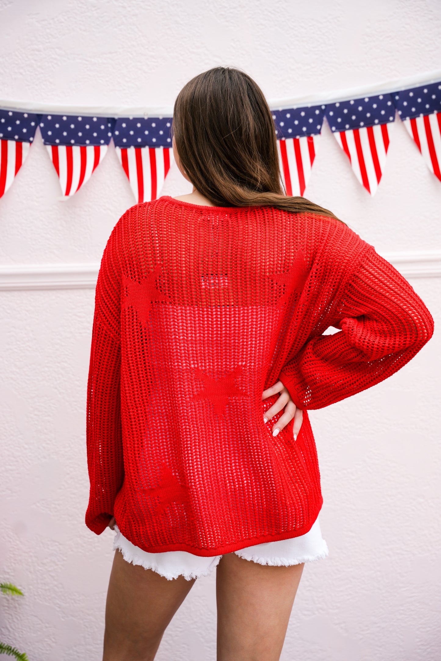 Red Star Pattern Crochet Sweater - Southern Belle Boutique