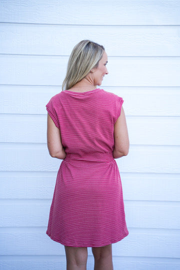 Striped Crew Neck Mini Dress - Crimson Red