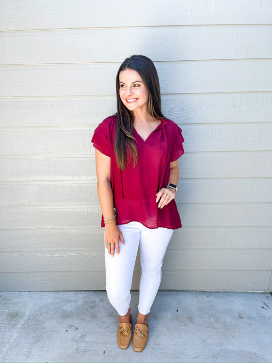 Merlot Ruffle Sleeve Top - Southern Belle Boutique