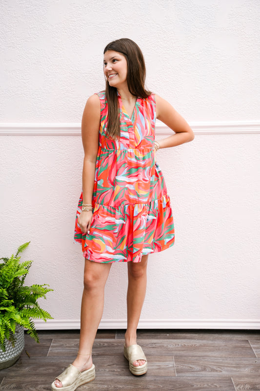 Abstract Printed Split V-Neck Sleeveless Dress - Pink