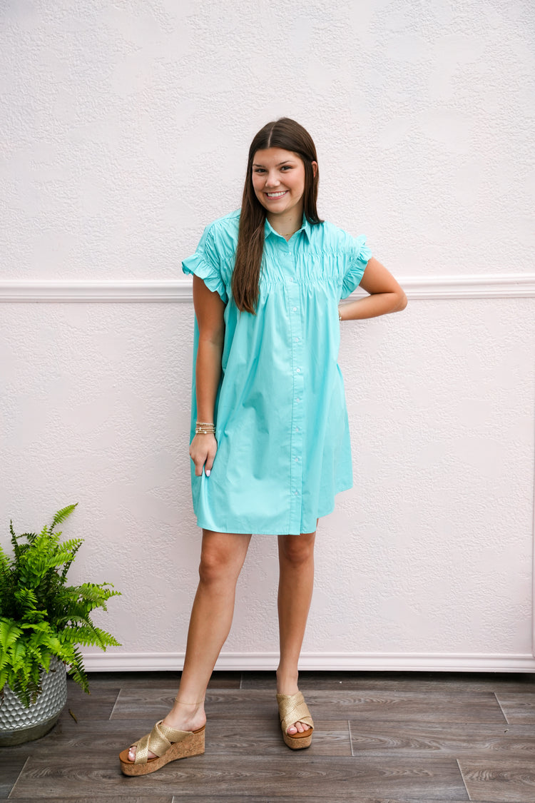Turquoise Gathered Shirt Dress