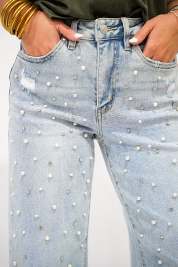 High Rise Wide Leg Pearl Rhinestone Jean