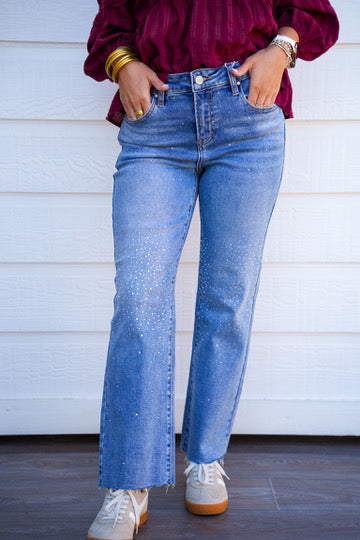 High Rise Crop Straight Rhinestone Jeans - Medium