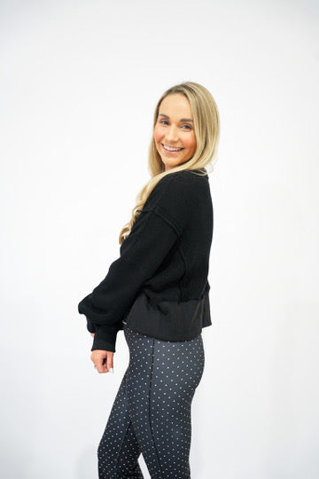 Waffle Knit Oversized Long Sleeve Top - Black - Southern Belle Boutique