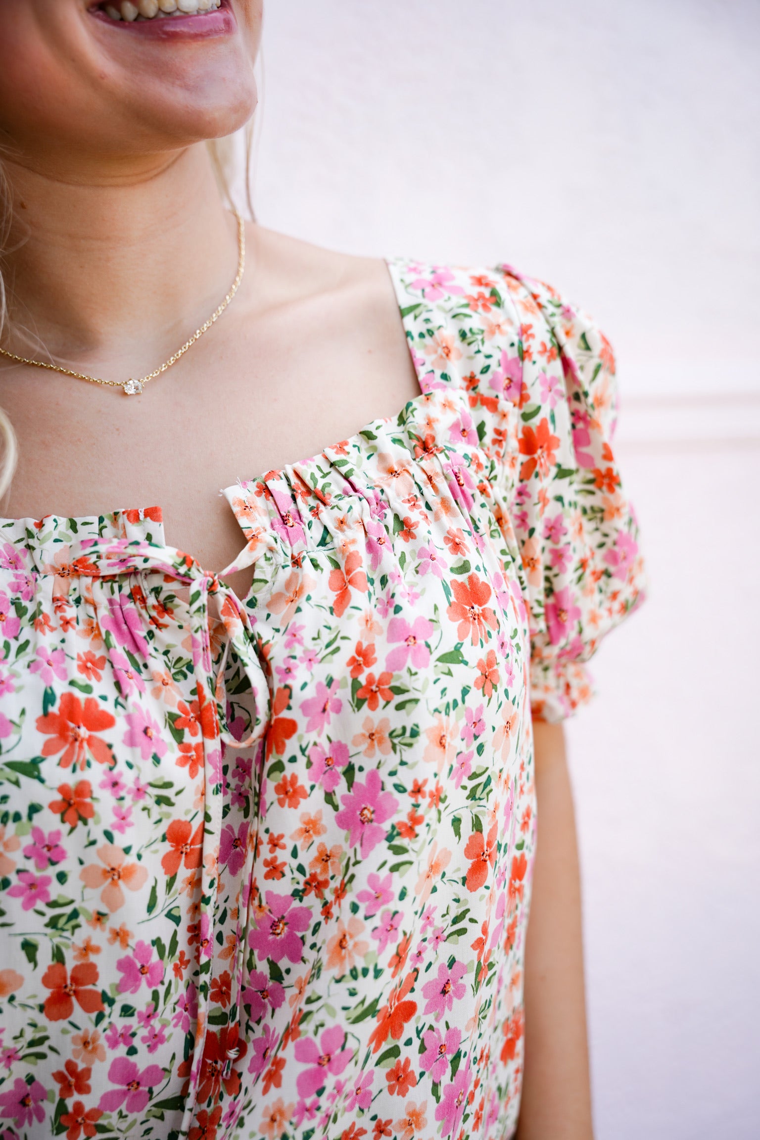 Pink Ivory Ruffled Tie Neck Blouse - Southern Belle Boutique