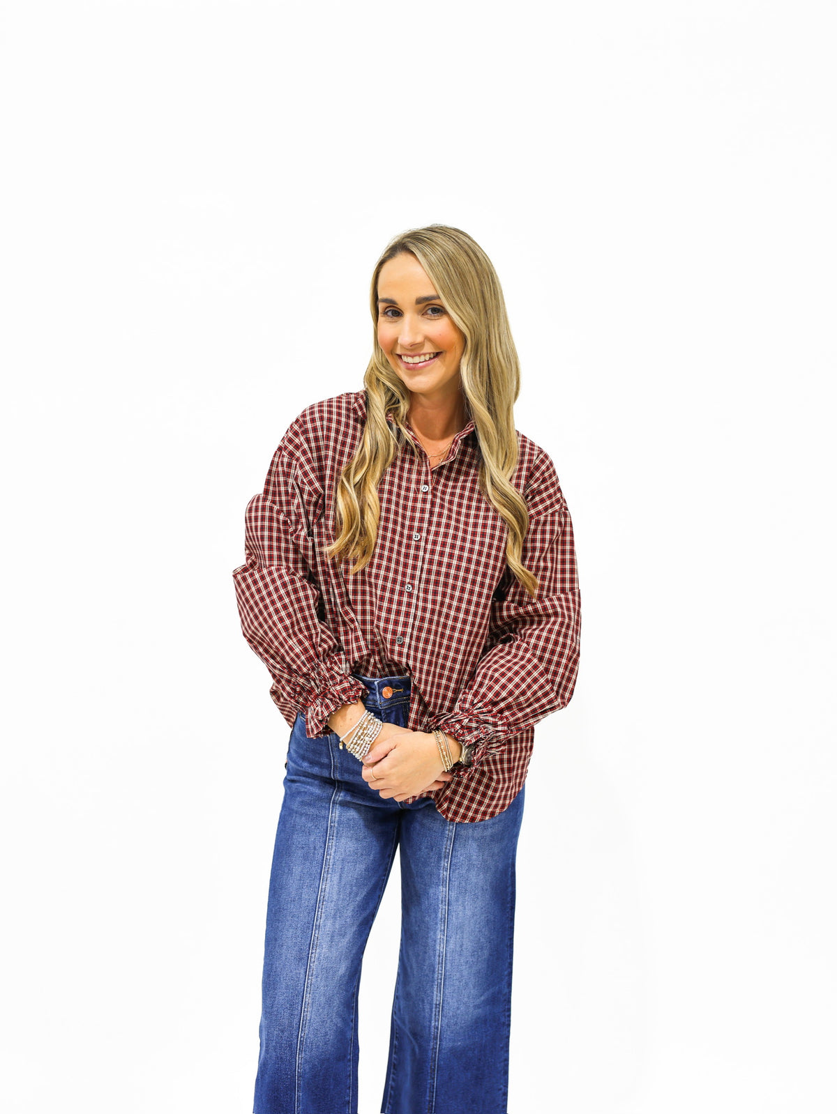 Burgundy Plaid Button Down Top - Southern Belle Boutique