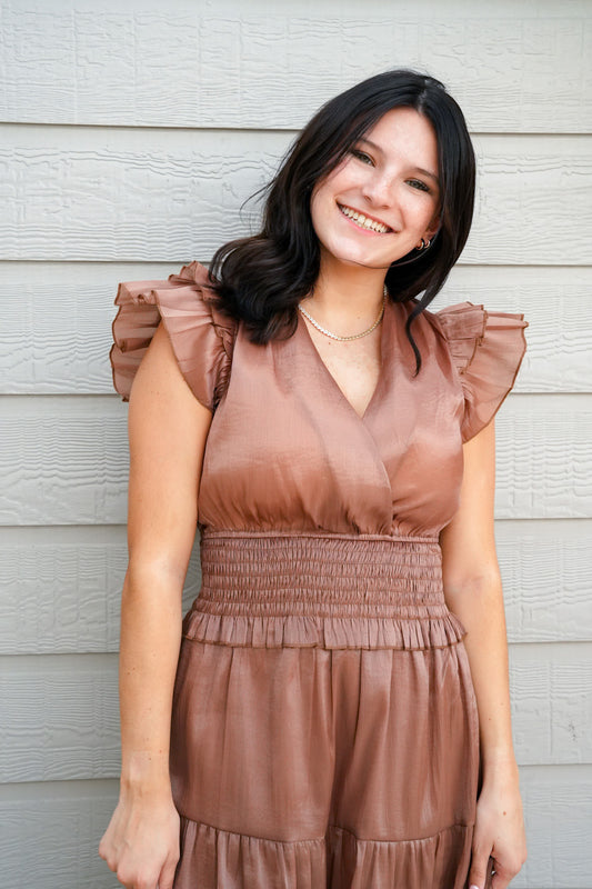 Mocha Satin Tiered Maxi Dress