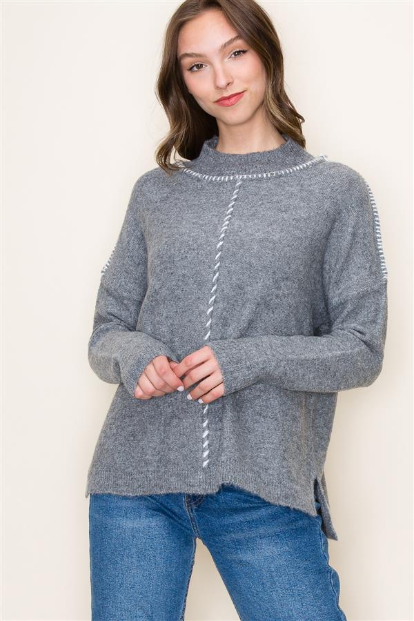 Grey Stitched Sweater - Southern Belle Boutique