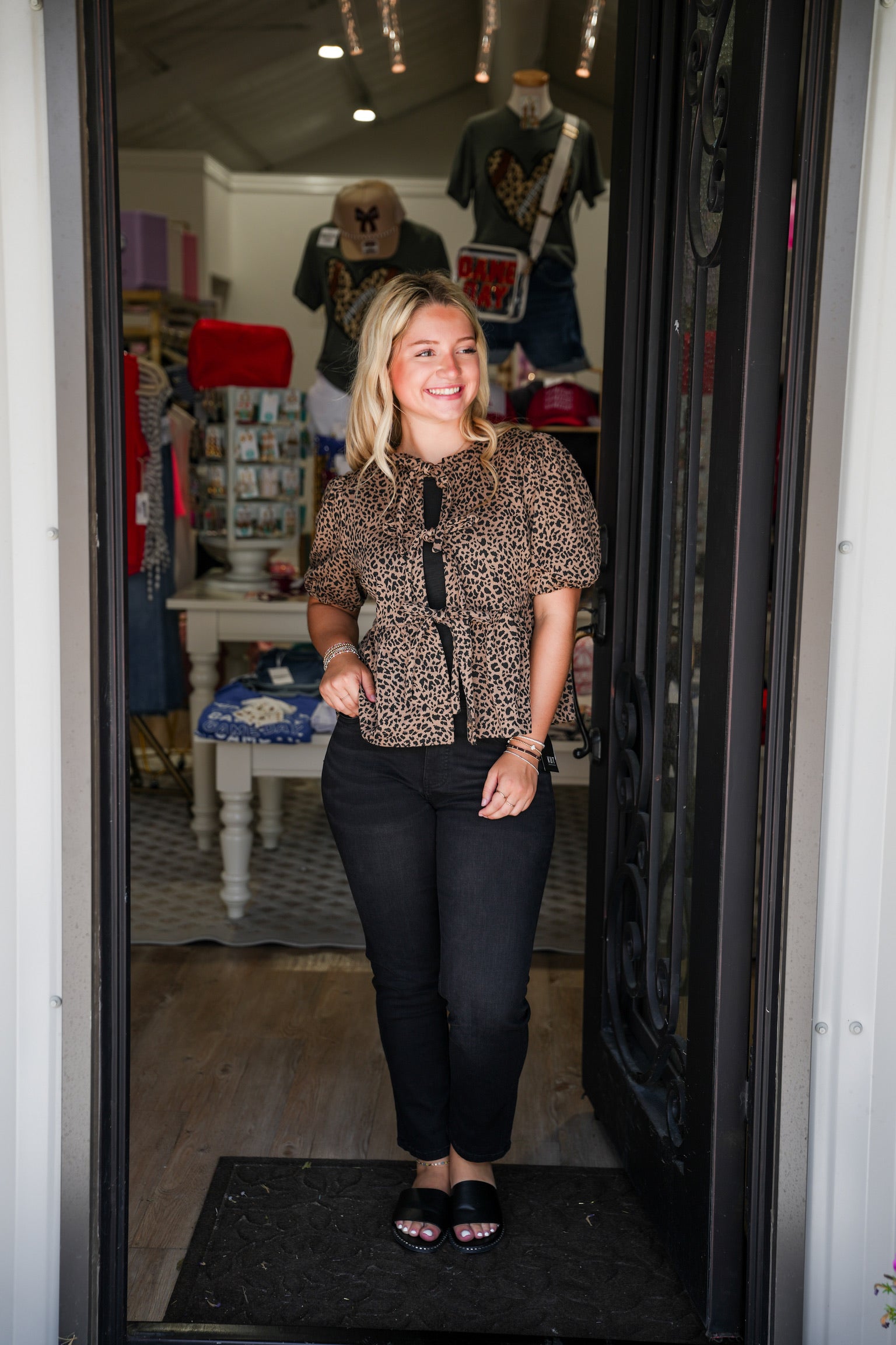 LeopardPrint Tie Front Blouse - Southern Belle Boutique
