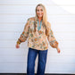 Taupe Teal Paisley Border Printed Top