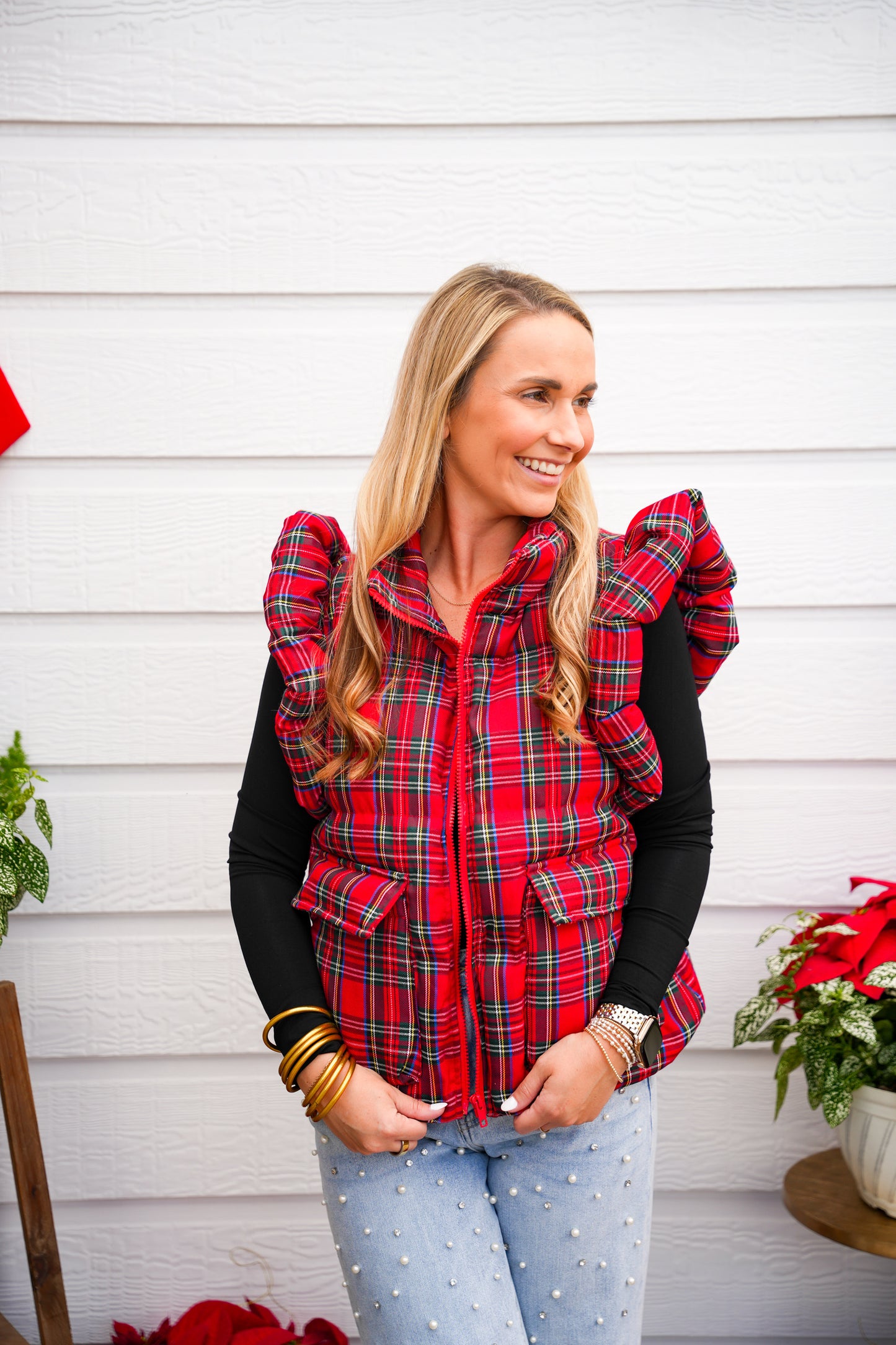 Red Christmas Plaid Puffer Vest