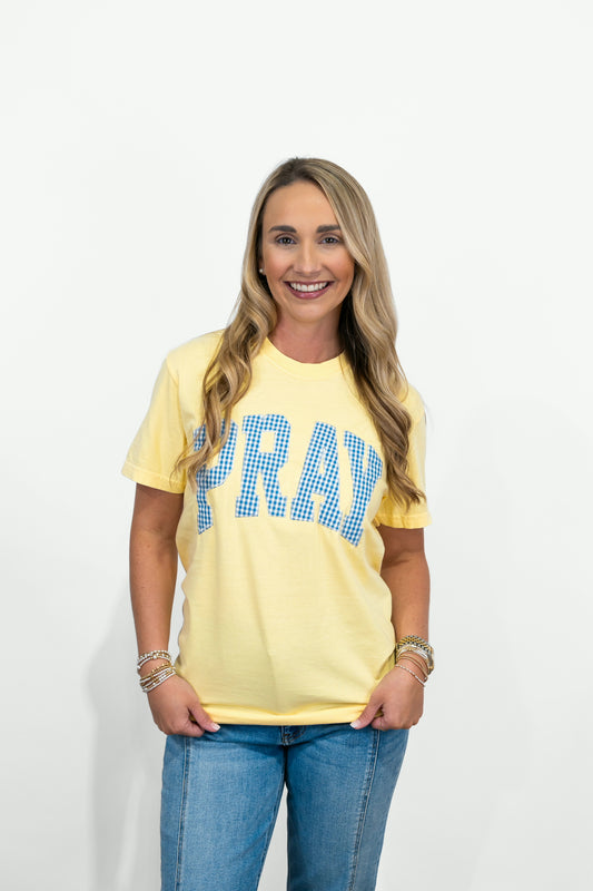 Pray Tshirt - Yellow Blue Gingham