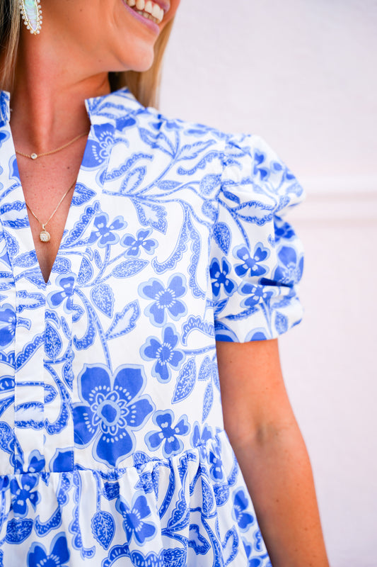 Blue Flower Print Tiered Dress