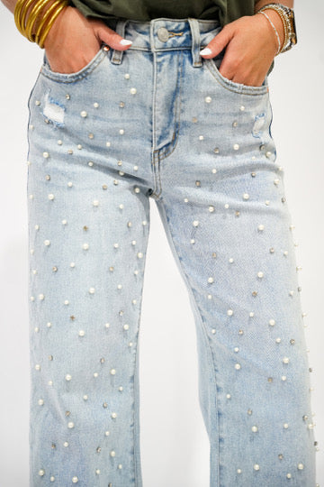 High Rise Wide Leg Pearl Rhinestone Jean