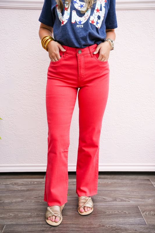 Kelsey High Rise Ankle Flare Jean - Strawberry