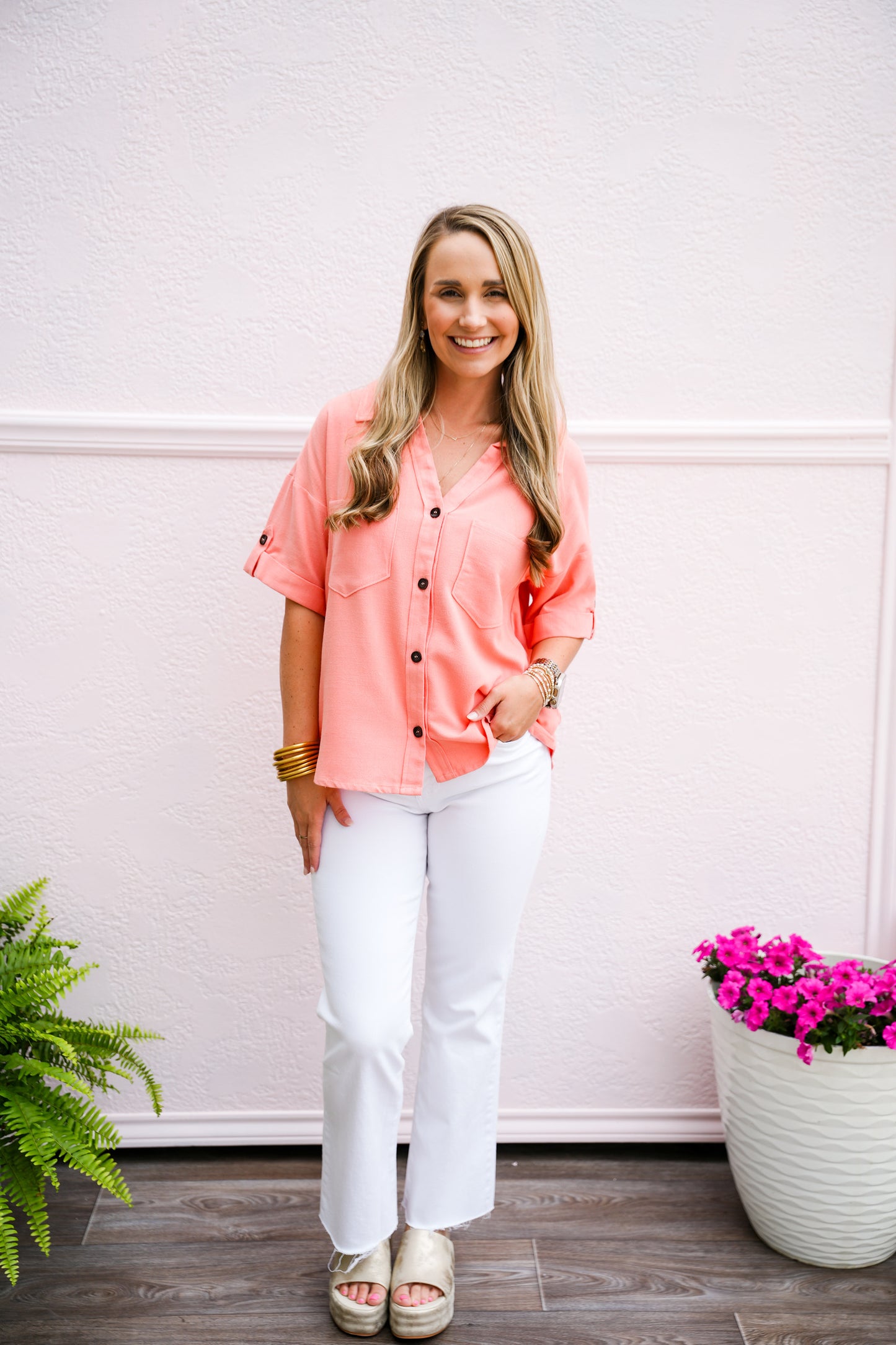 Button Down Pocket Shirt - Coral - Southern Belle Boutique