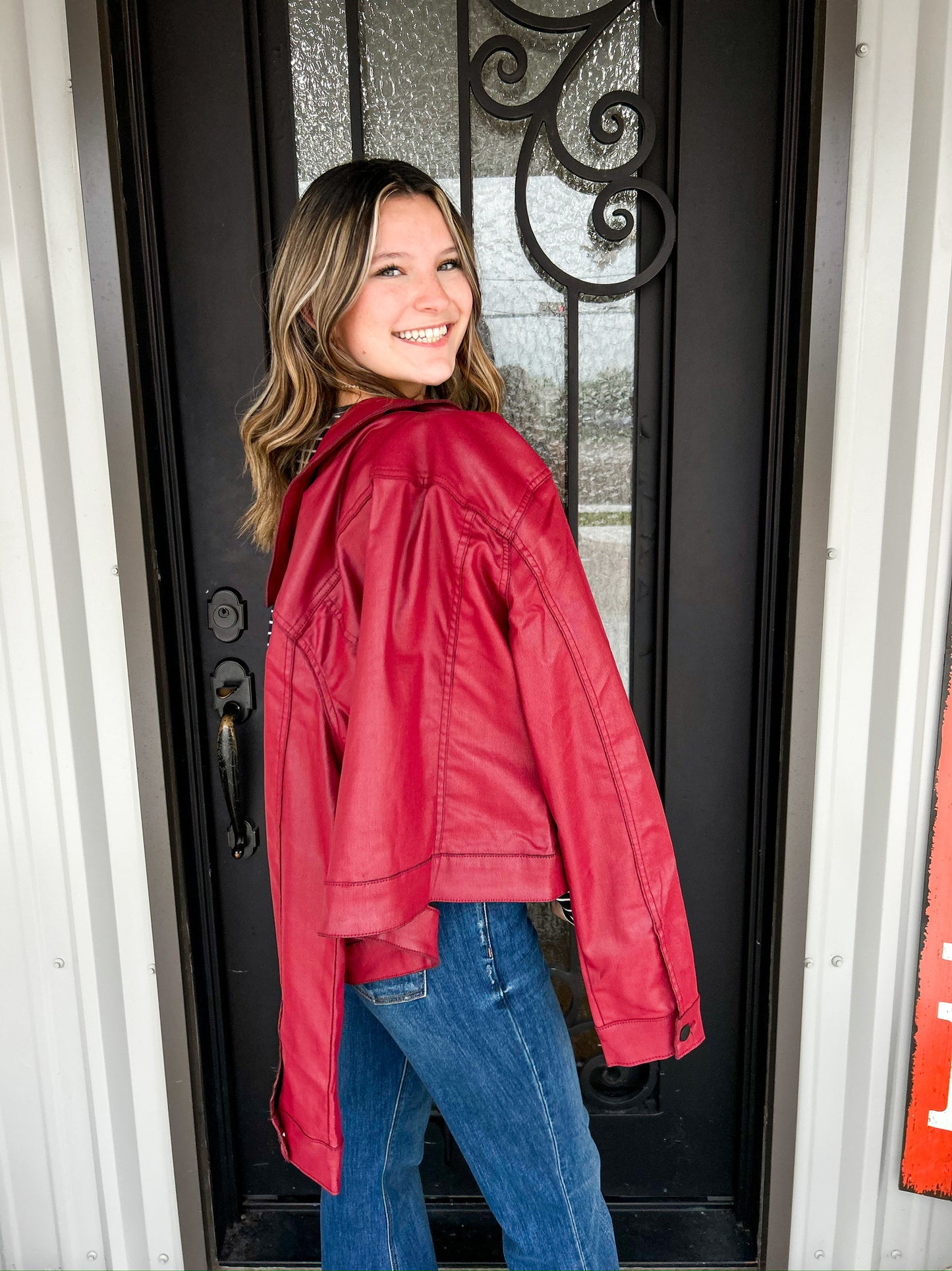Julia Coated Crop Denim Trucker Jacket - Red M - Southern Belle Boutique