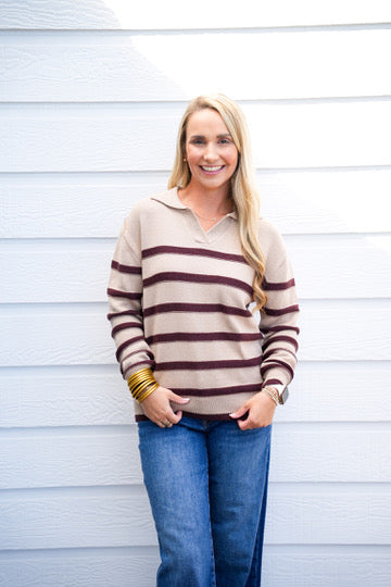 Brown Striped VNeck Sweater