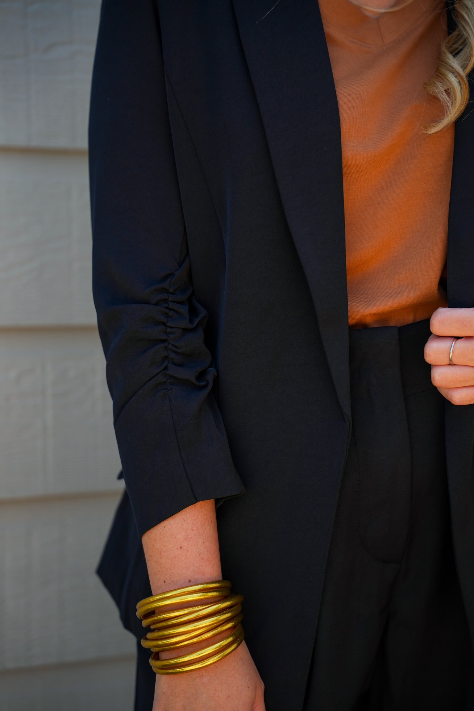 Shirred Sleeve Blazer - Black - Southern Belle Boutique