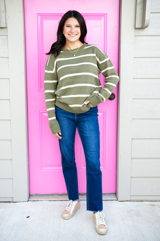 Olive White Striped Sweater