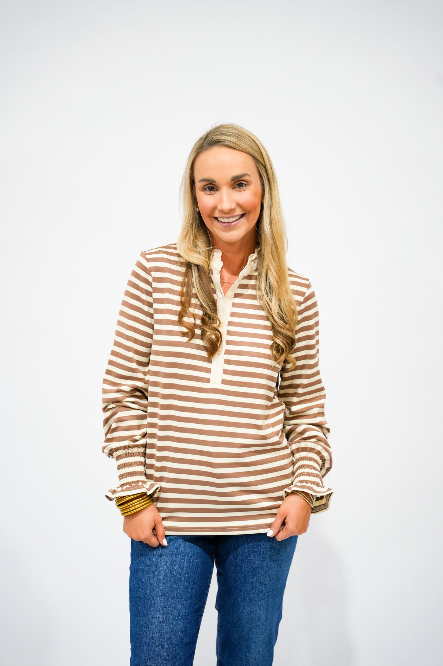 Camel Cream Striped Ruffle Collar Top