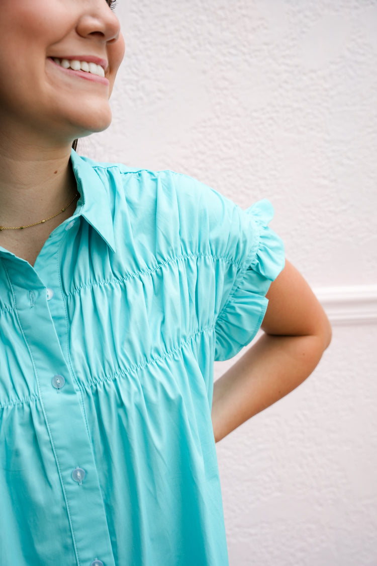 Turquoise Gathered Shirt Dress