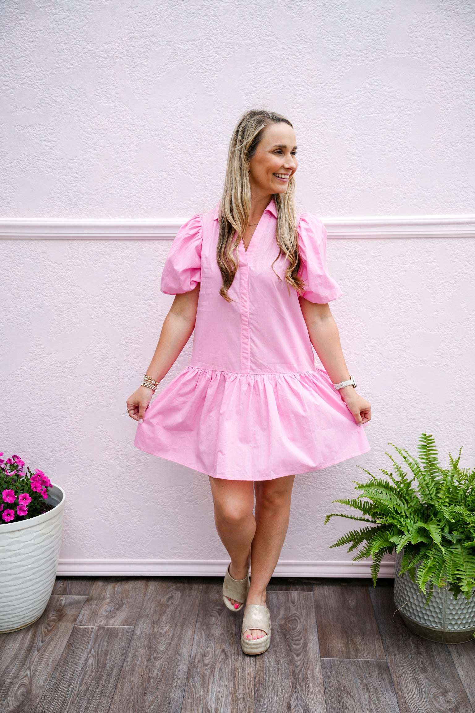 Collared Tiered Mini Dress - Pink - Southern Belle Boutique