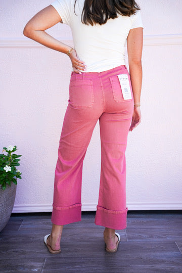 High Rise Wide Leg Front Patch Pocket Cuffed Pants - Brick