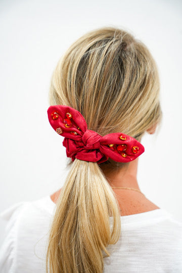 Shimmer Bow Scrunchie with Hand Sewn Crystals in Red - Southern Belle Boutique