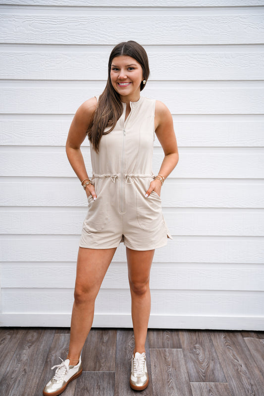 Sand Drawstring Waist Romper - Southern Belle Boutique