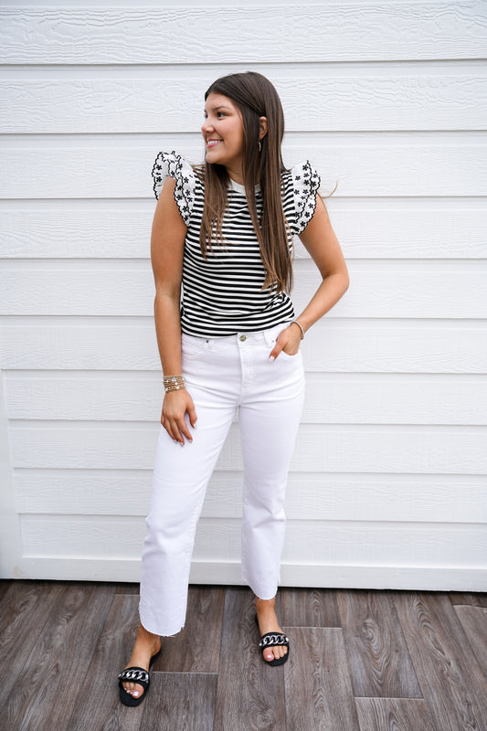 White Tummy Control High Rise Raw Hem Jean - Southern Belle Boutique