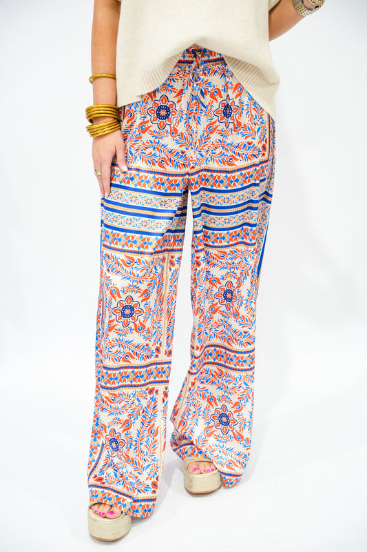 Coral Blue Scarf Print Wide Leg Pant - Southern Belle Boutique