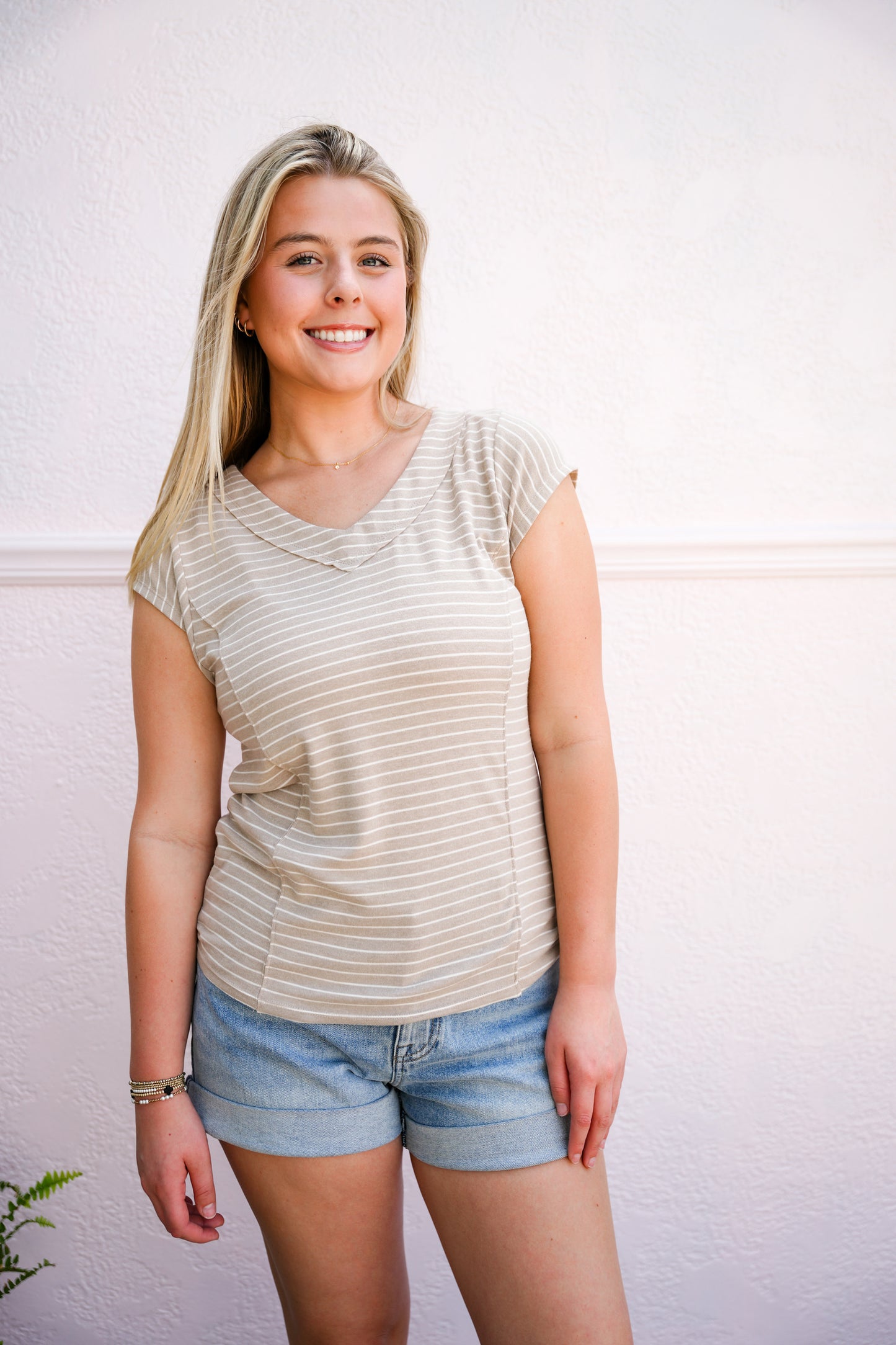 Taupe VNeck Hacci Striped Top - Southern Belle Boutique