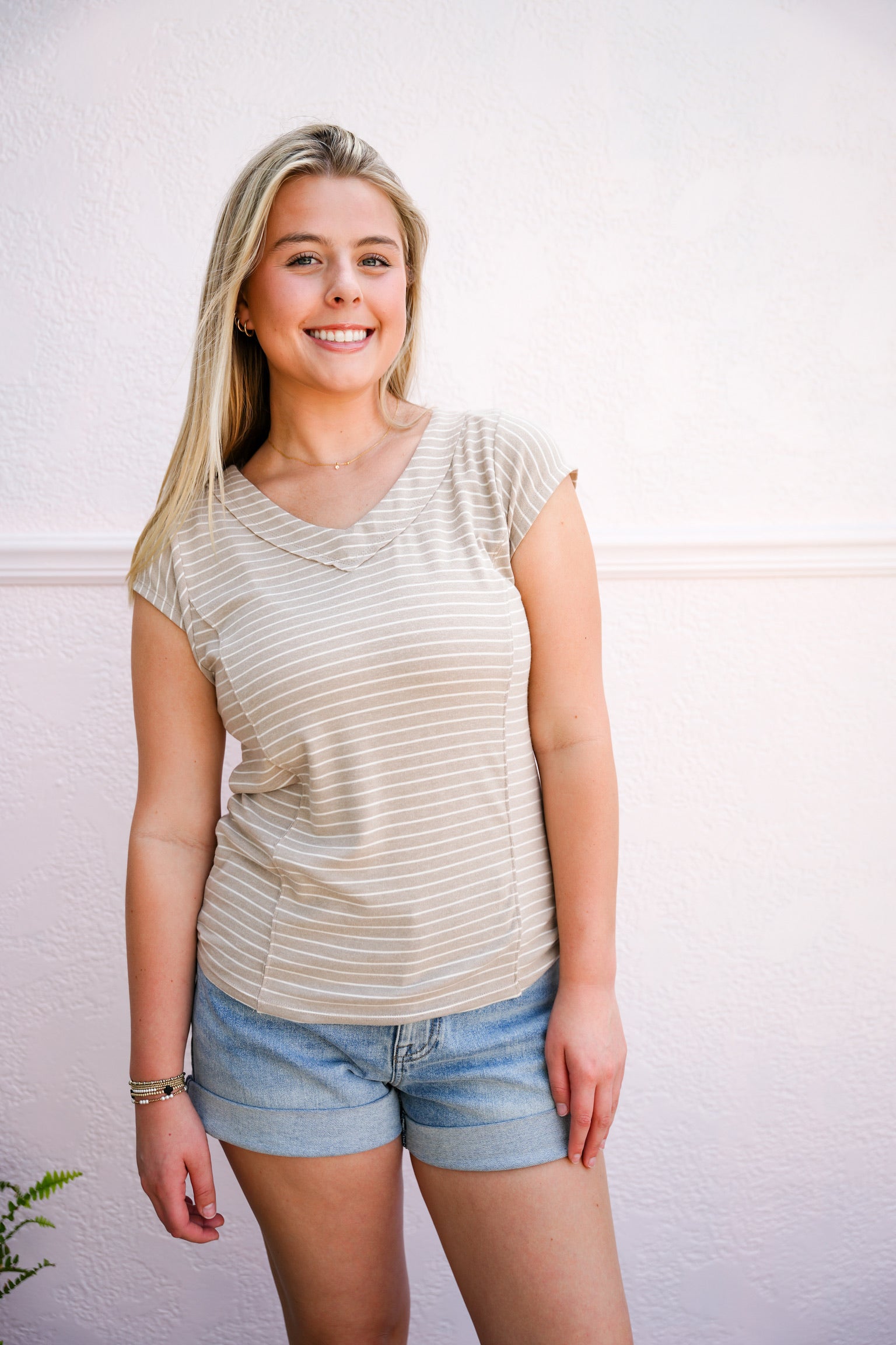 Taupe VNeck Hacci Striped Top - Southern Belle Boutique