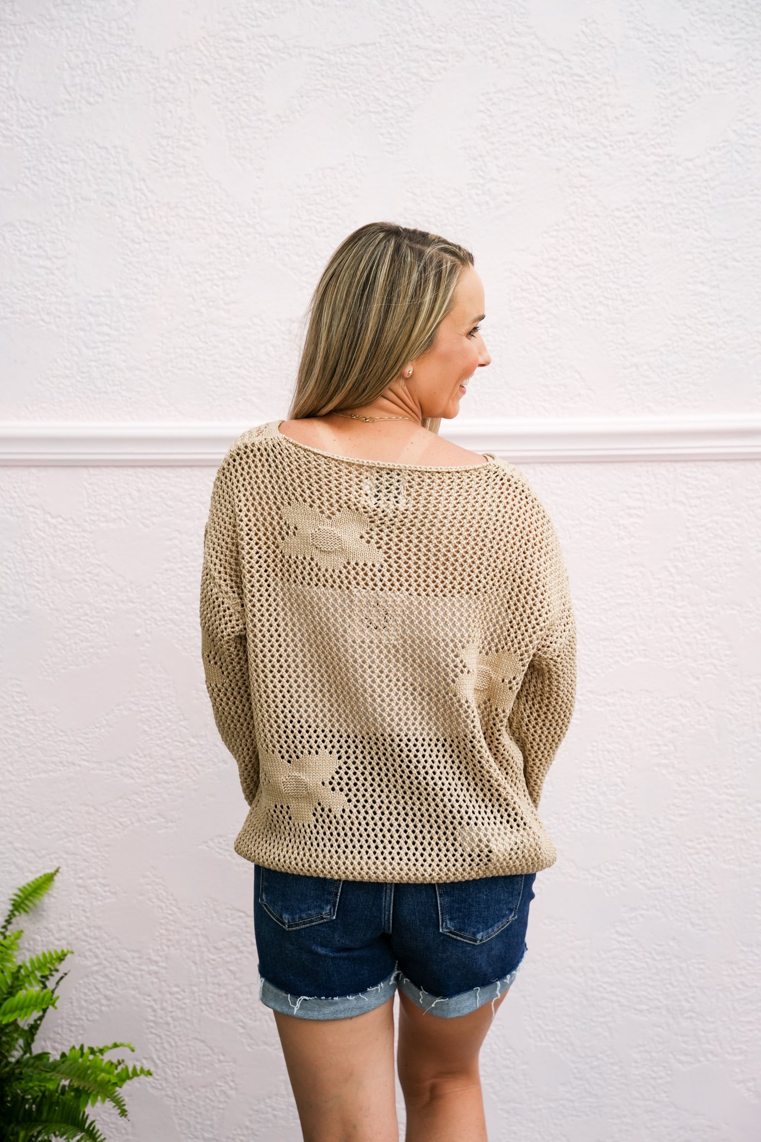 Beige Flower Crochet Stitch Sweater - Southern Belle Boutique